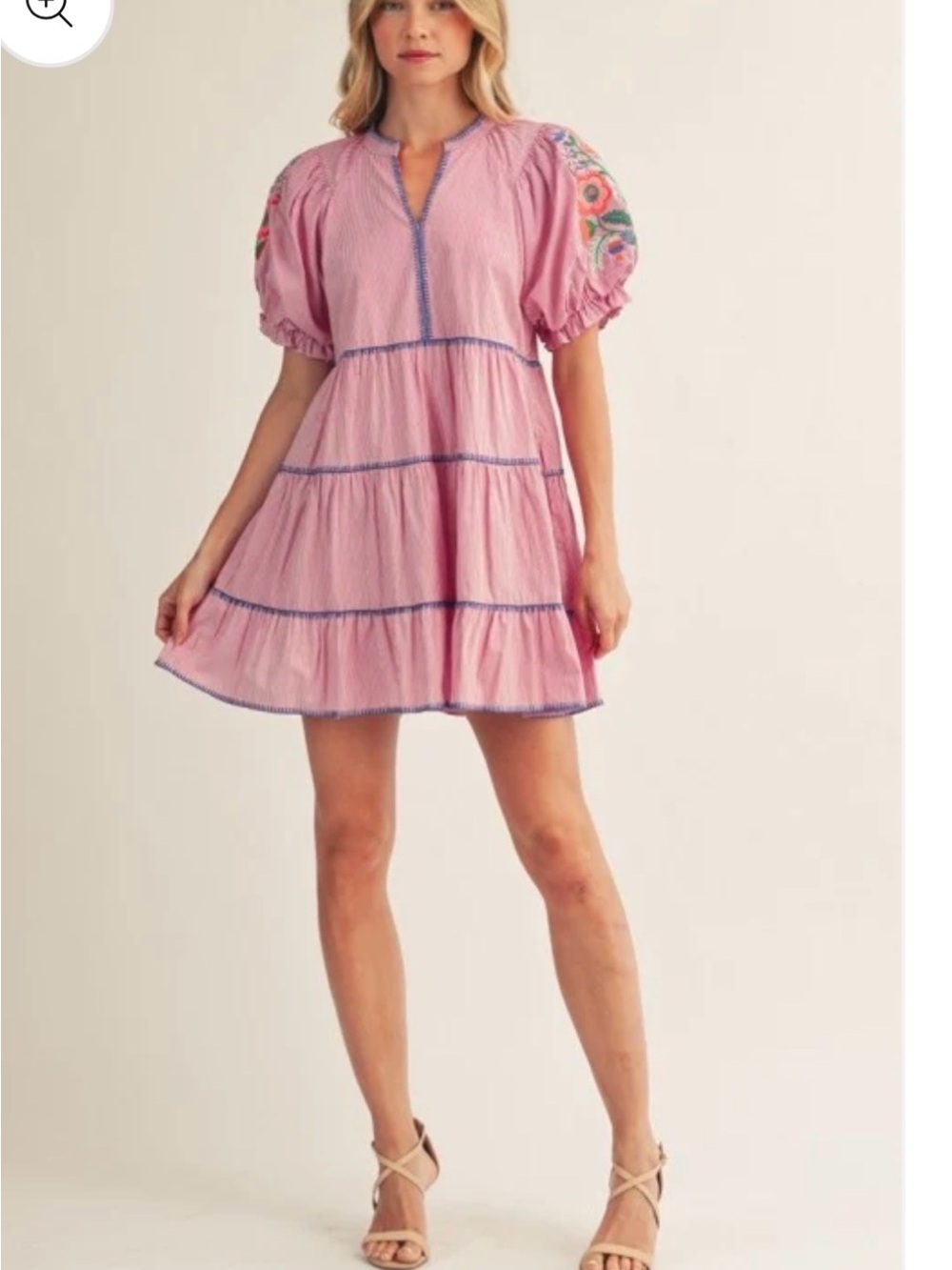 JODIFL Pink Embroidered Puff-Sleeve Tiered Mini Dress